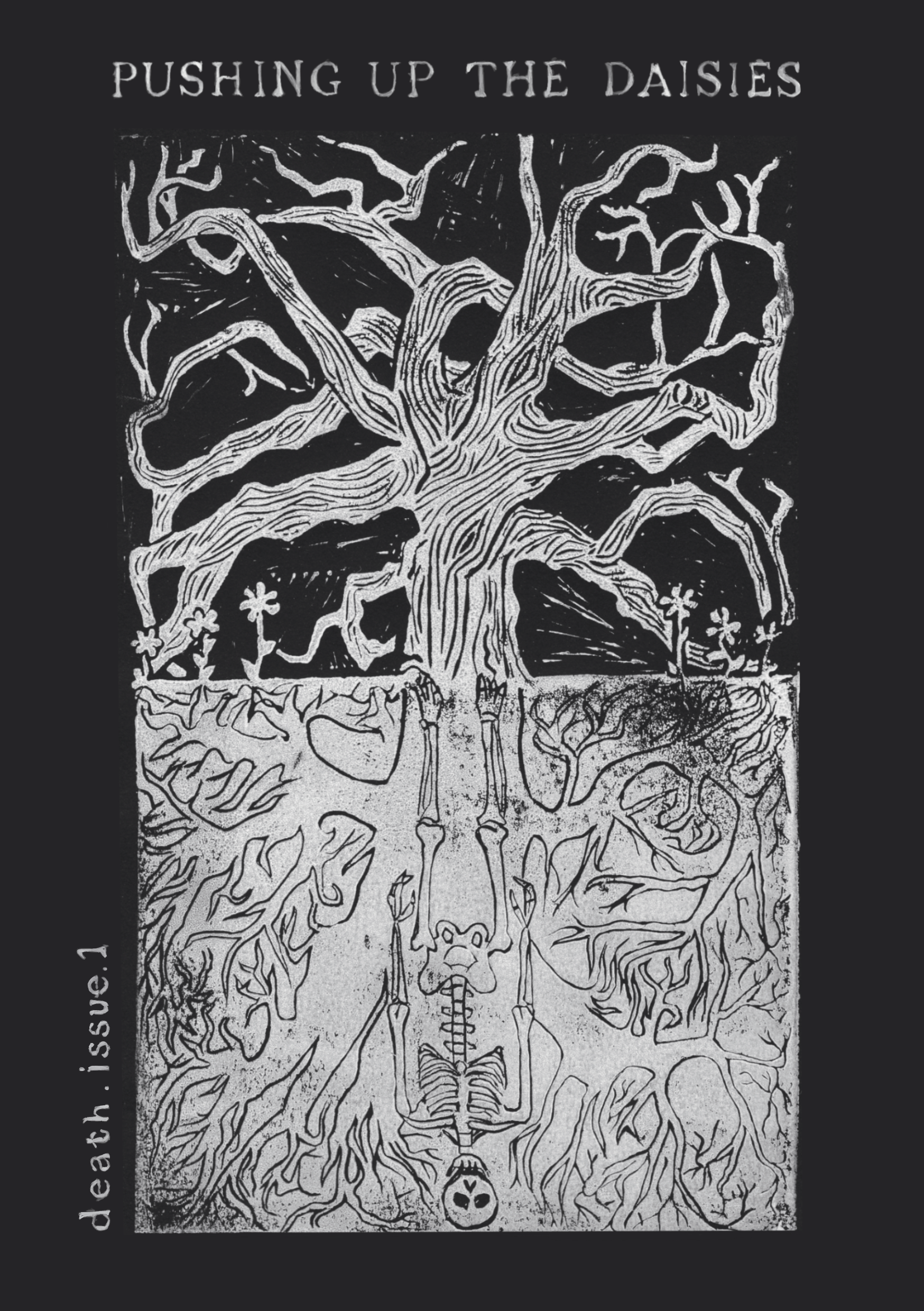 image of the cover of issue 1 of the zine. It is a lino print of an oak tree and a skeleton upside down in the ground